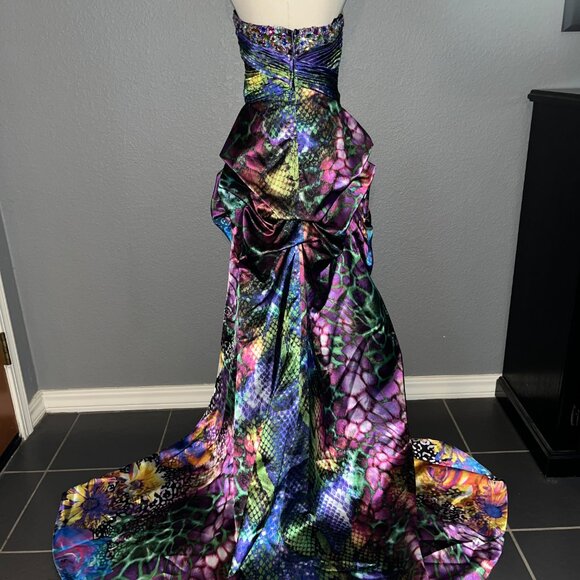 JOVANI HIGH LOW STRAPLESS EMBELLISHED COLORFUL GEM BODICE ANIMAL PRINT GOWN - 6 - Picture 8 of 16